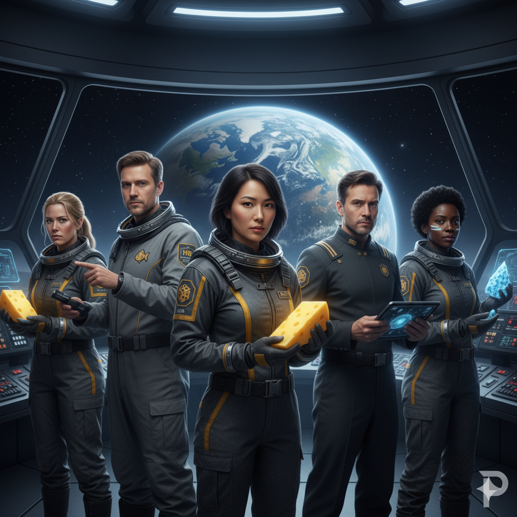 The entire Lunar Cheese Authority leadership team in a formal group photo on the moon.